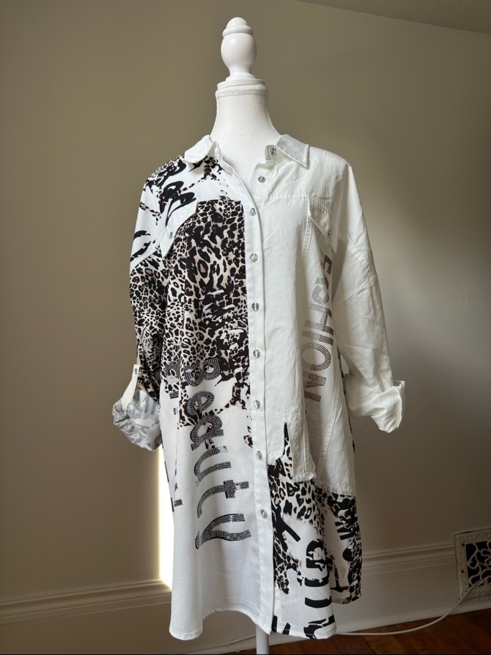 FRANK LYMAN Leopard & Typography Collared Shirt Sparkle Glam Unique Maximal XL - Picture 5 of 10